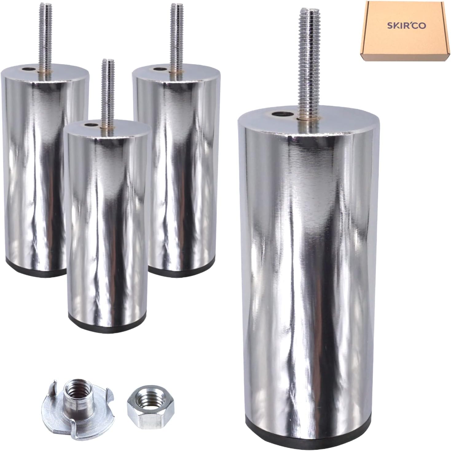 SKIR'CO (Pack of 4 pcs Metal Furniture 12 cm Legs With M8 Bolt, Glossy Chrome Furniture Feet, Round Sofa Leg With Nuts (4