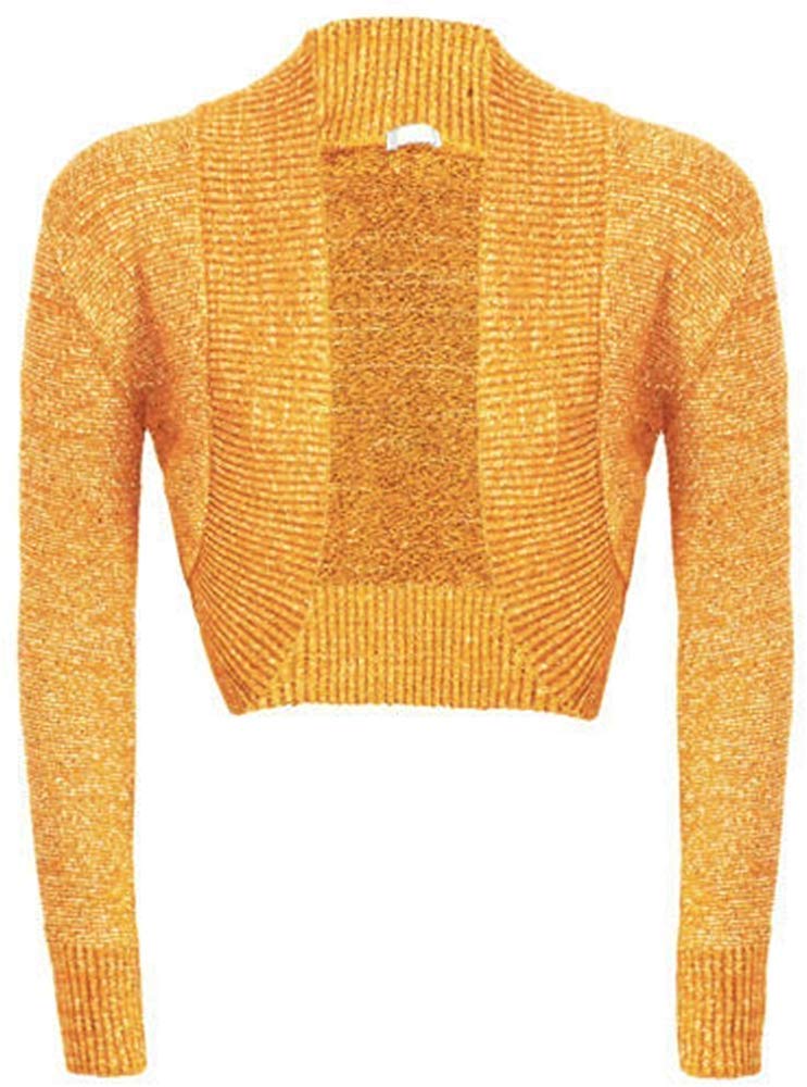 GOSTYLES® Womens Long Sleeve Knitted Lurex Shrug, Ladies Stylish Dressy Cover Up Lightweight Metallic Sparkly Bolero Cardigan (Mustard, XL)