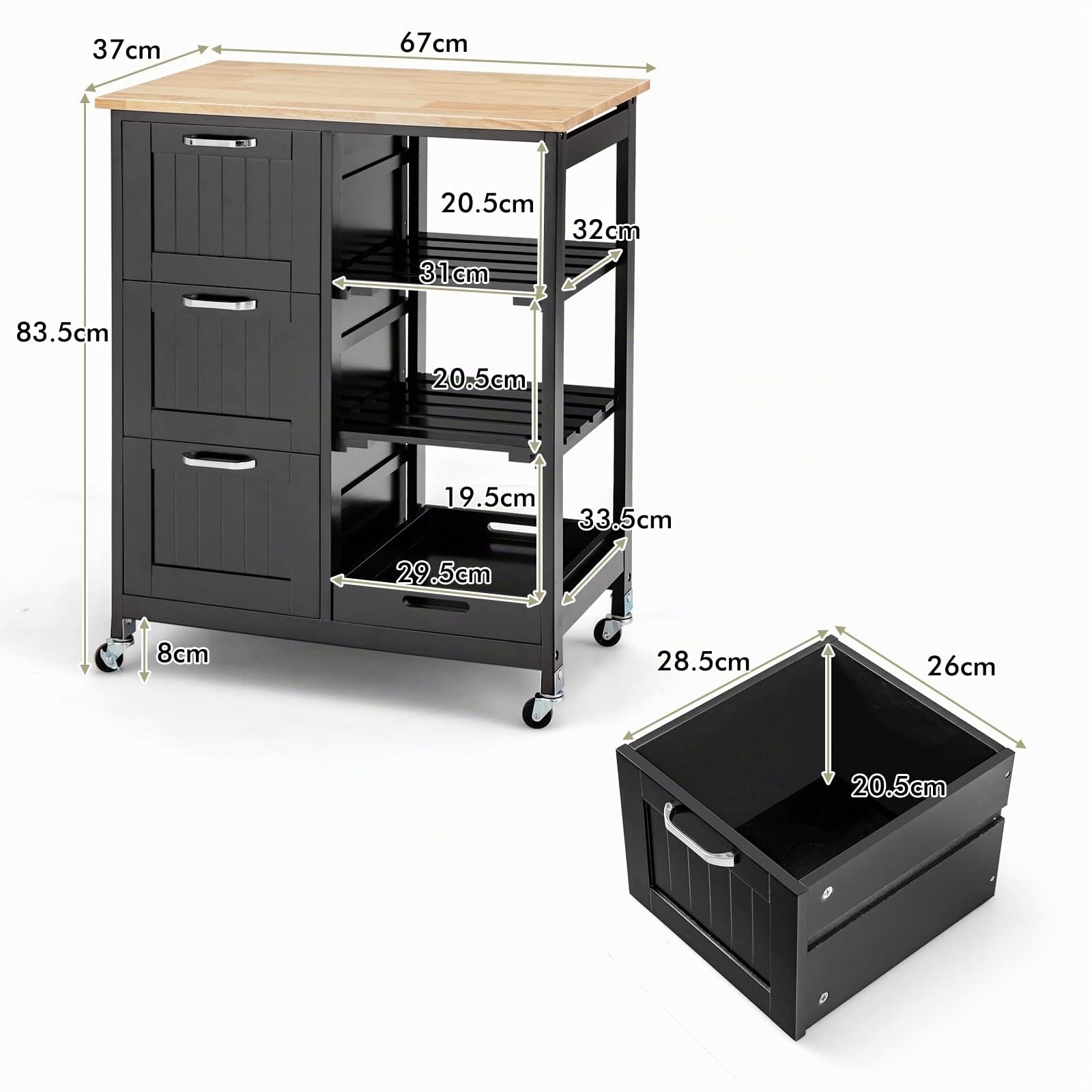 KOMFOTTEU Carrito de Cocina con Ruedas, Carro de Servicio con 3 Estantes Abiertos y 3 Cajones, Carro Auxiliar con Encimera de Madera de Caucho, Isla de Almacenamiento para Comedor (Negro)