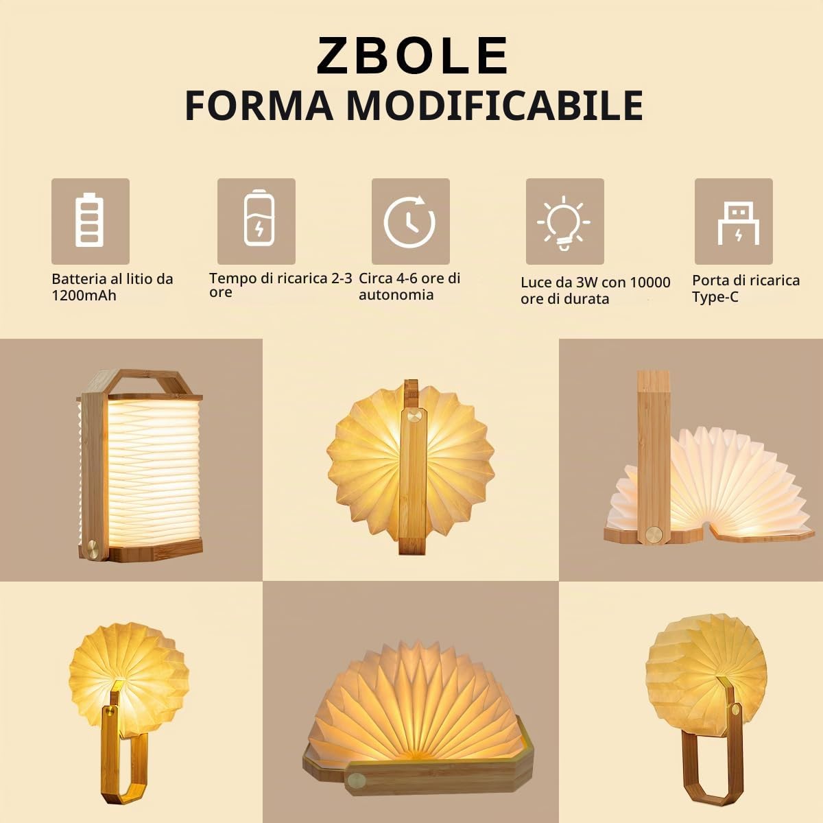 Lampada da Tavolo in Legno con Manico, Lampada a Lanterna Giapponese, Luce Ambientale, Lampada d'Atmosfera, Lampada a LED Ricaricabile per Casa & Esterno & Feste & Regalo (Bambù)