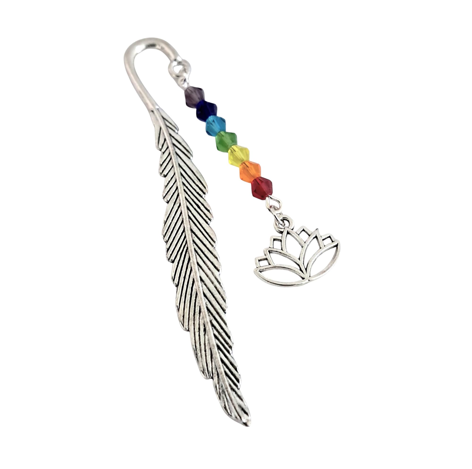 Chakra Lotus Bookmark. A Small Silver Tone Bookmark with Glass Beads in Colours to Represent the 7 Chakras, and a Silver Tone Lotus Flower Charm.