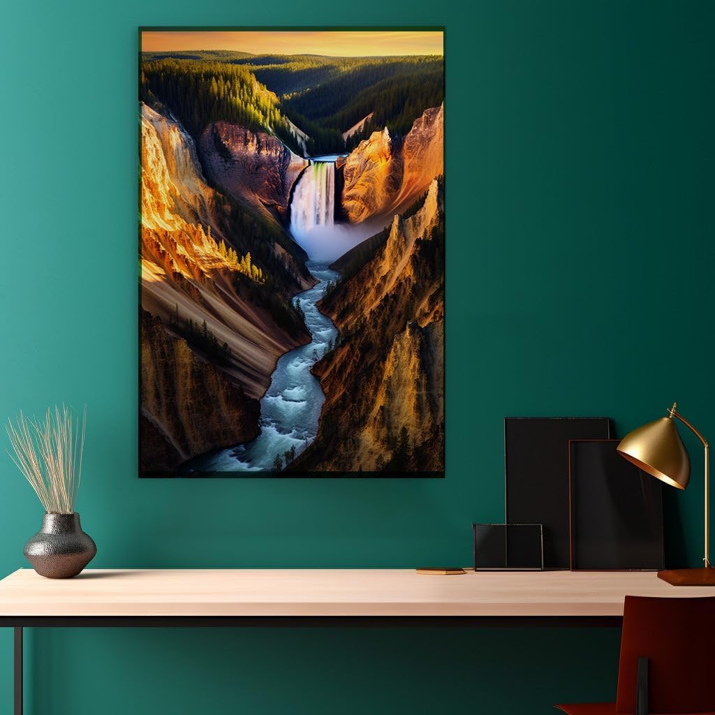 Canvas for Living room. Majestic Lower Yellowstone Falls: A Vibrant Masterpiece of Nature's Splendor, 27 x 18 inch Canvas Wall Art - Contemporary Masterpieces - Modern Home Decor