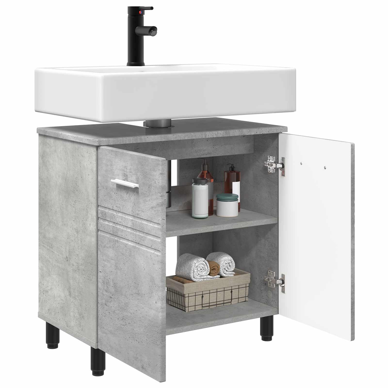 Lavabo in legno grigio cemento, 60 x 35 x 60 cm, con ripiano e porta, moderno mobile sottolavabo per mobili da bagno e WC degli ospiti, armadietto da bagno compatto con ripiano e foro per