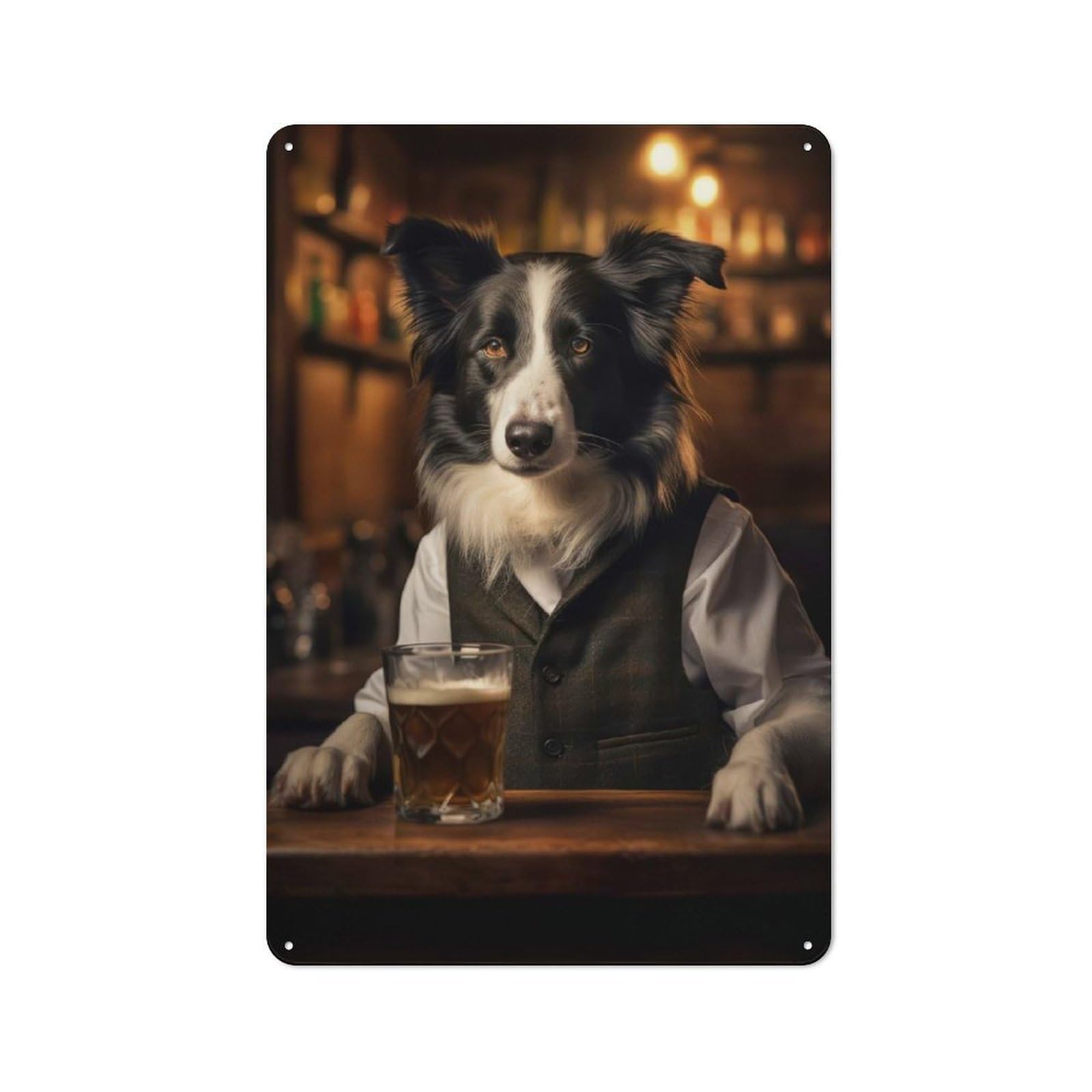 Tin Wall Plaque 30x20cm with Collie Dog in The Pub for Living Room Or Hallway, for Garage, Workshop And Man Cave Decoration