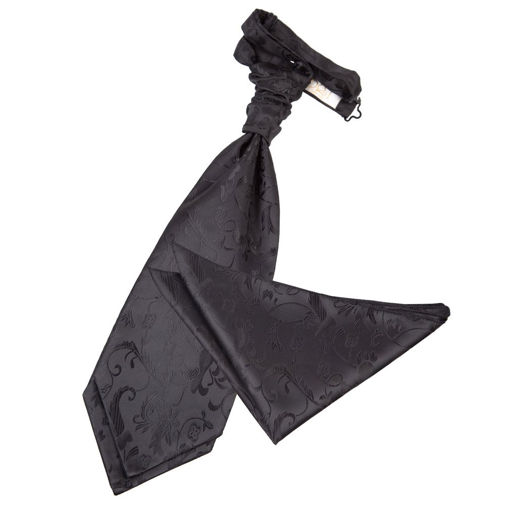 DQT Mens Passion Floral Pre-Tied Cravat & Pocket Square Set – Wedding Formal Ascot - Black