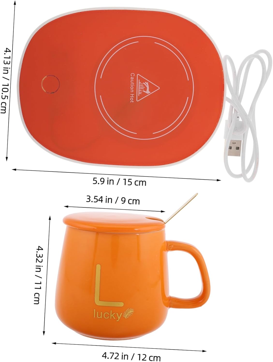 Electric Coffee Warmer Mug Set with Lid and Spoon USB Thermal Cup for Office and Home Use Multifunctional Hot Drink Heater in Box Orange