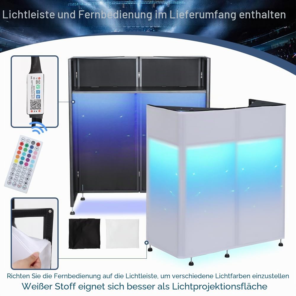 Kokorona Tragbare DJ-Kabine, 108 x 51 x 115 cm, mit zwei oberen Ecken, DJ-Fassadenkabine mit Kabelloch, DJ-Tischständer mit Lichtleiste und Fernbedienung, Metallrahmen + schwarz-weiße Krallen +