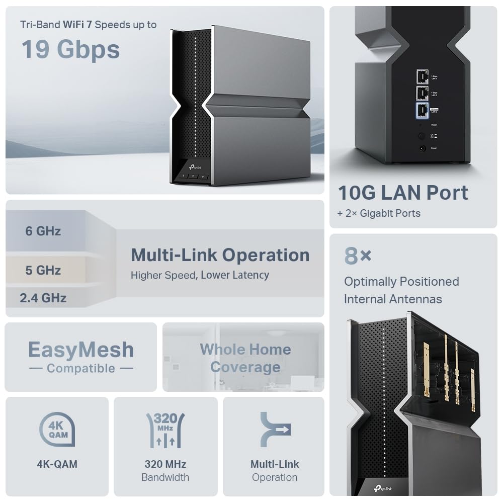 TP-Link RE800BE-Repetidor WiFi 7, BE19000, tribanda hasta 19 Gbps,Plug&Play | Amplificador de Señal WiFi. Puerto Ethernet. Modo Punto de Acceso. Botón WPS para Configuración Fácil. App Tether.