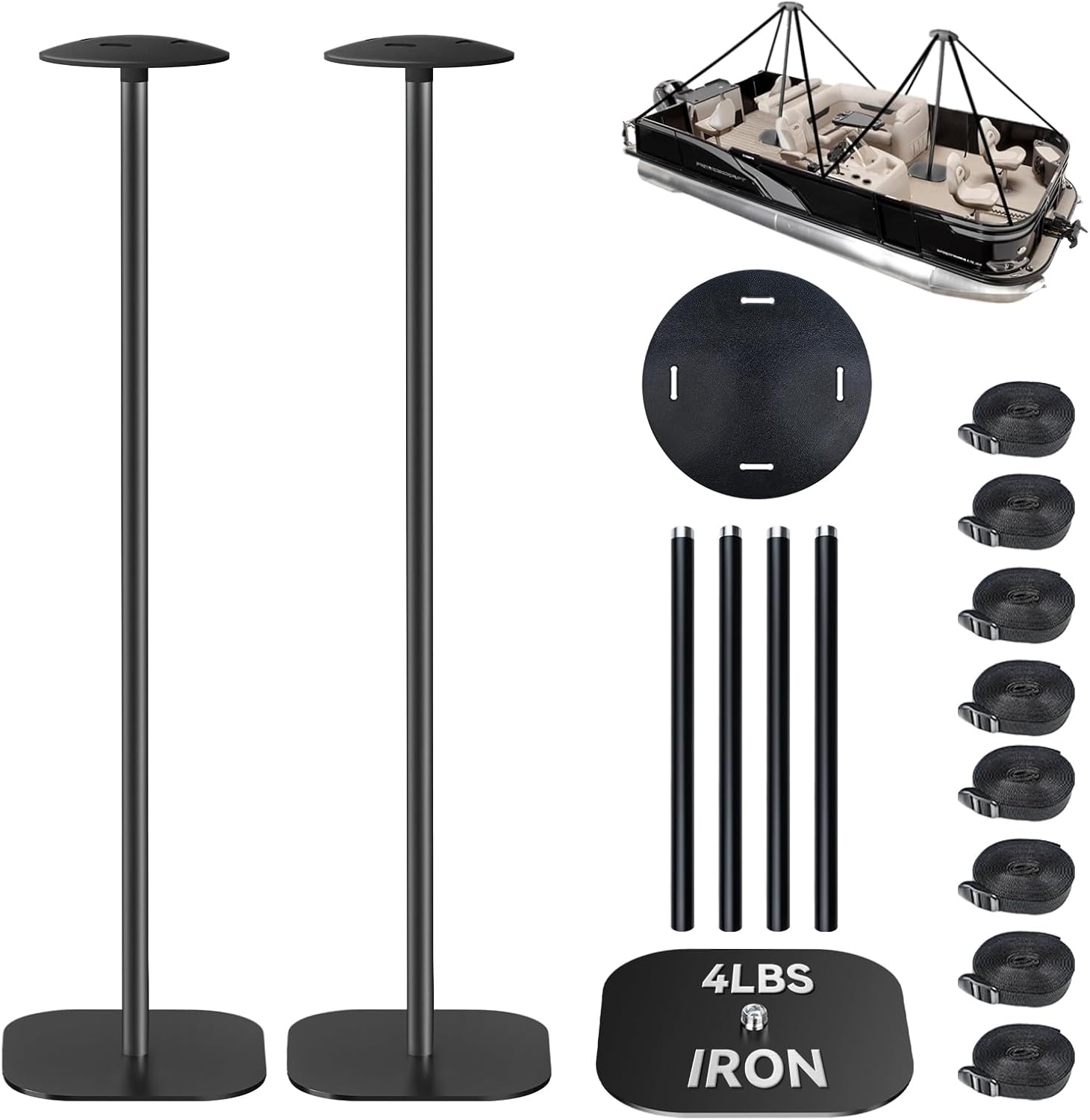 Obcursco Boat Cover Support Poles 2 Pack, Heavy Duty Iron Base and Poles, 4 Height Adjustable Boat Cover Iron Poles with 8 Straps, Cover Support Pole System for Pontoon, Jon Boat