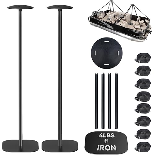 Obcursco Boat Cover Support Poles 2 Pack, Heavy Duty Iron Base and Poles, 4 Height Adjustable Boat Cover Iron Poles with 8 Straps, Cover Support Pole System for Pontoon, Jon Boat