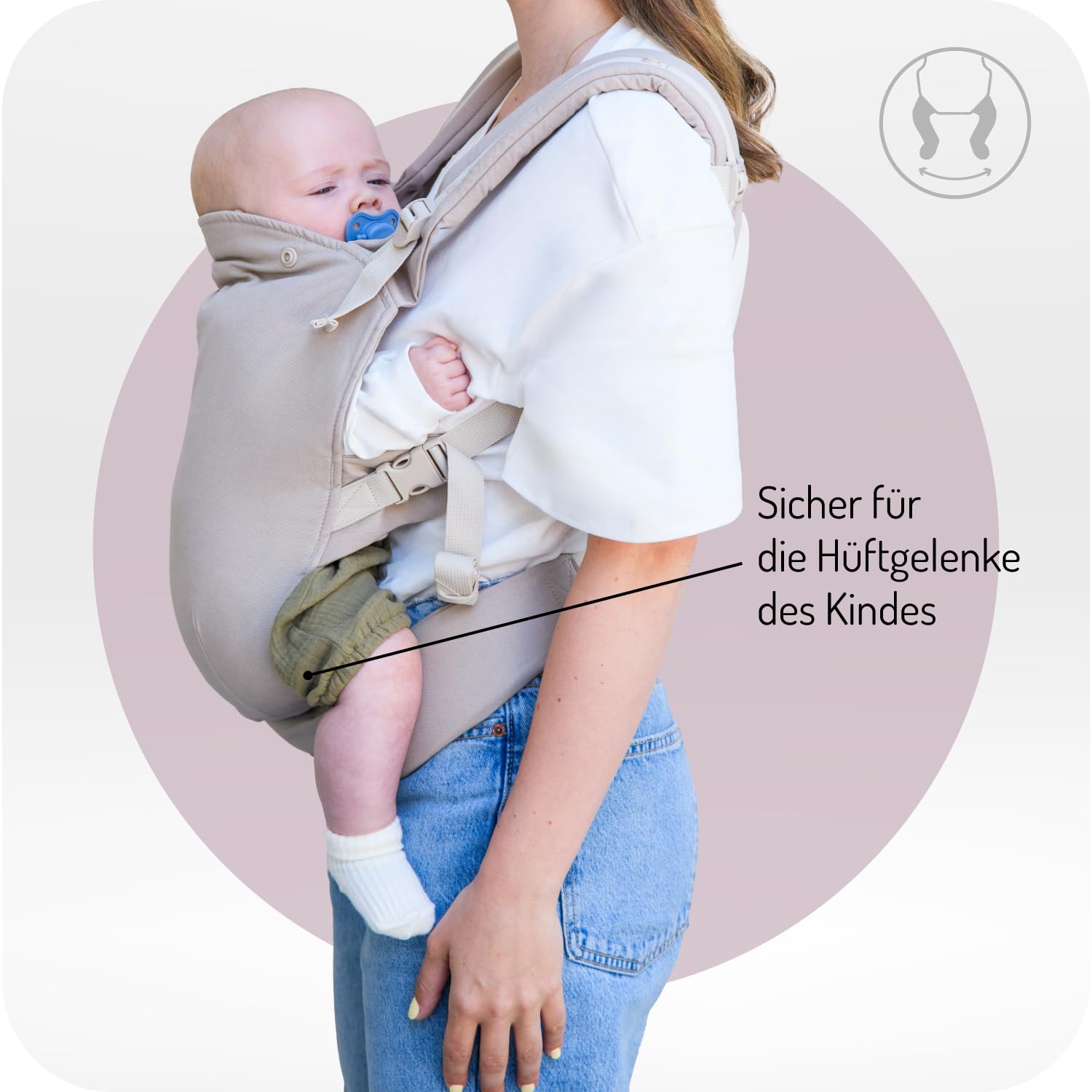 MoMi COLLET Babytrage für Kinder im Alter 3–48 Monate (3–15 kg Körpergewicht), 2 Tragepositionen mit 6 Einstellpunkten, mit Kapuze und einer Köpfchenstütze für das Baby
