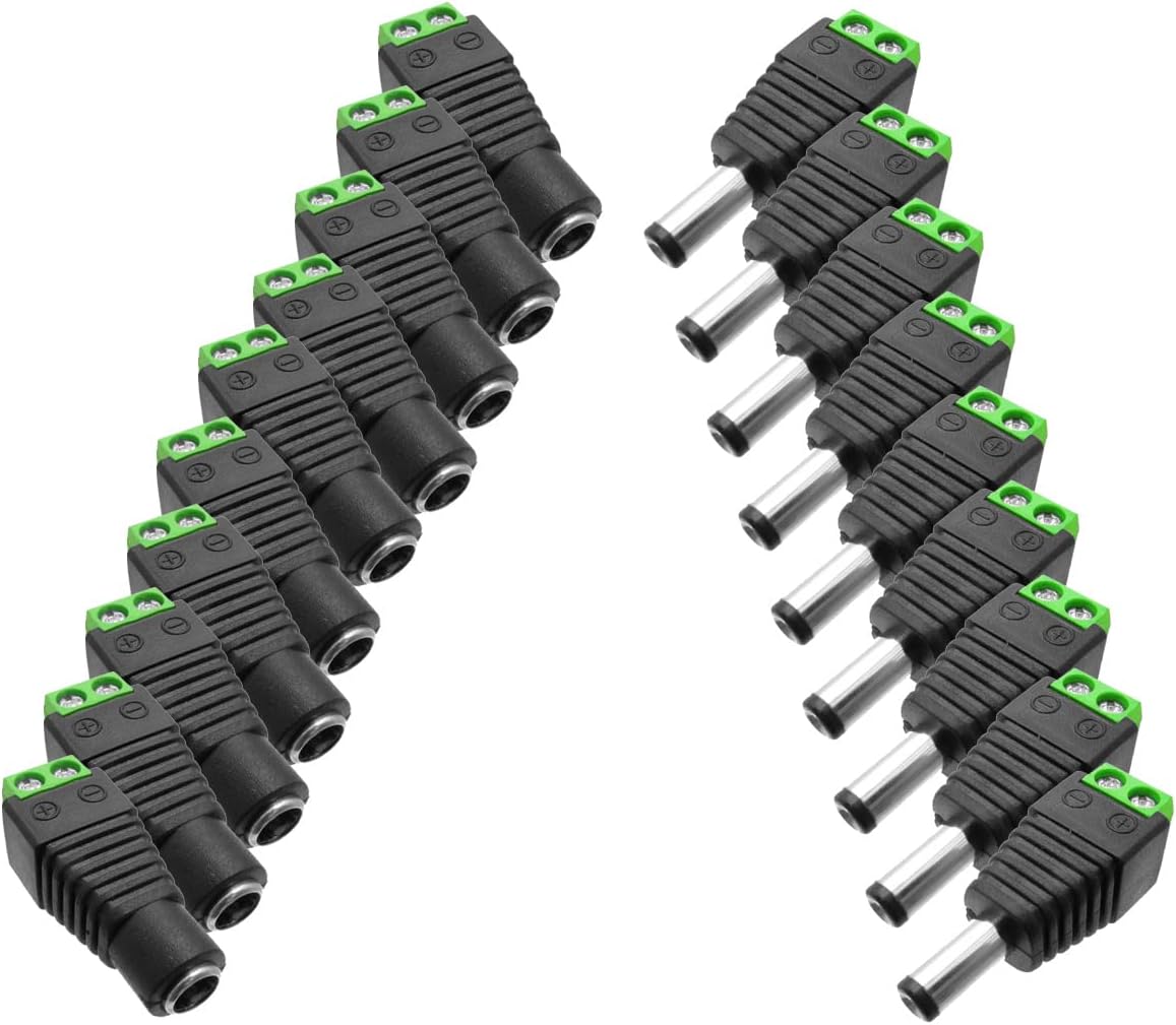 eSecure 20PC CCTV DC Power Connector Adapters, 10pc Female + 10pc Male Connector Plugs, 5.5mm x 2.1mm Camera DVR Power Connectors