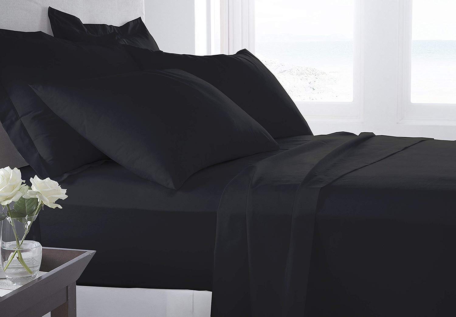 Organic Cotton Bed Sheets Set - 400TC Twin Size Ultra Black - 4 Piece Bedding - 100% GOTS Certified, Soft Silky Shiny, Luxury Finish Bedsheets - Fits 15" Deep Pocket Mattress