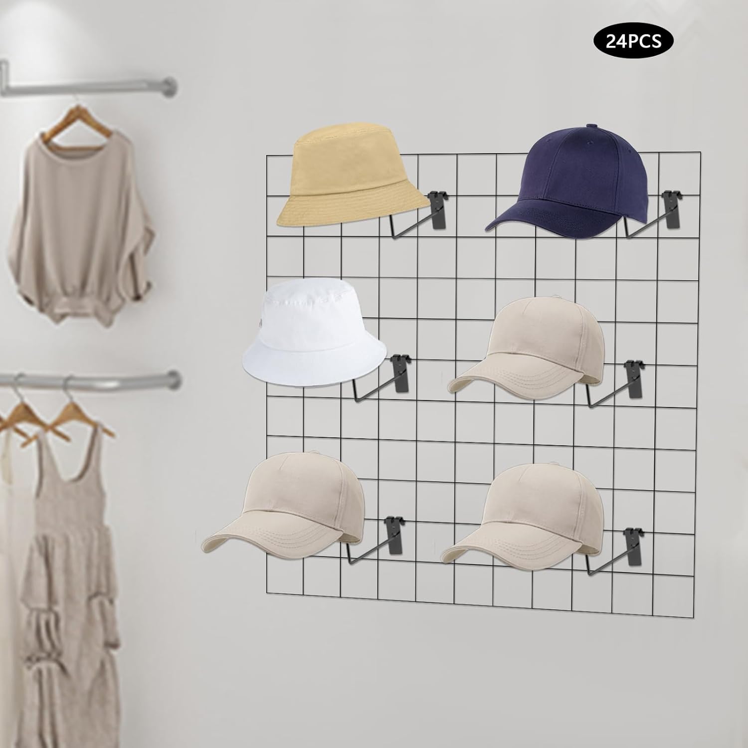 24Pcs Hat Hooks Wire Grid Wall Hat Holder Hat Display Multiple Hooks for Gridwall for Retail Cloth Wardrobe Black