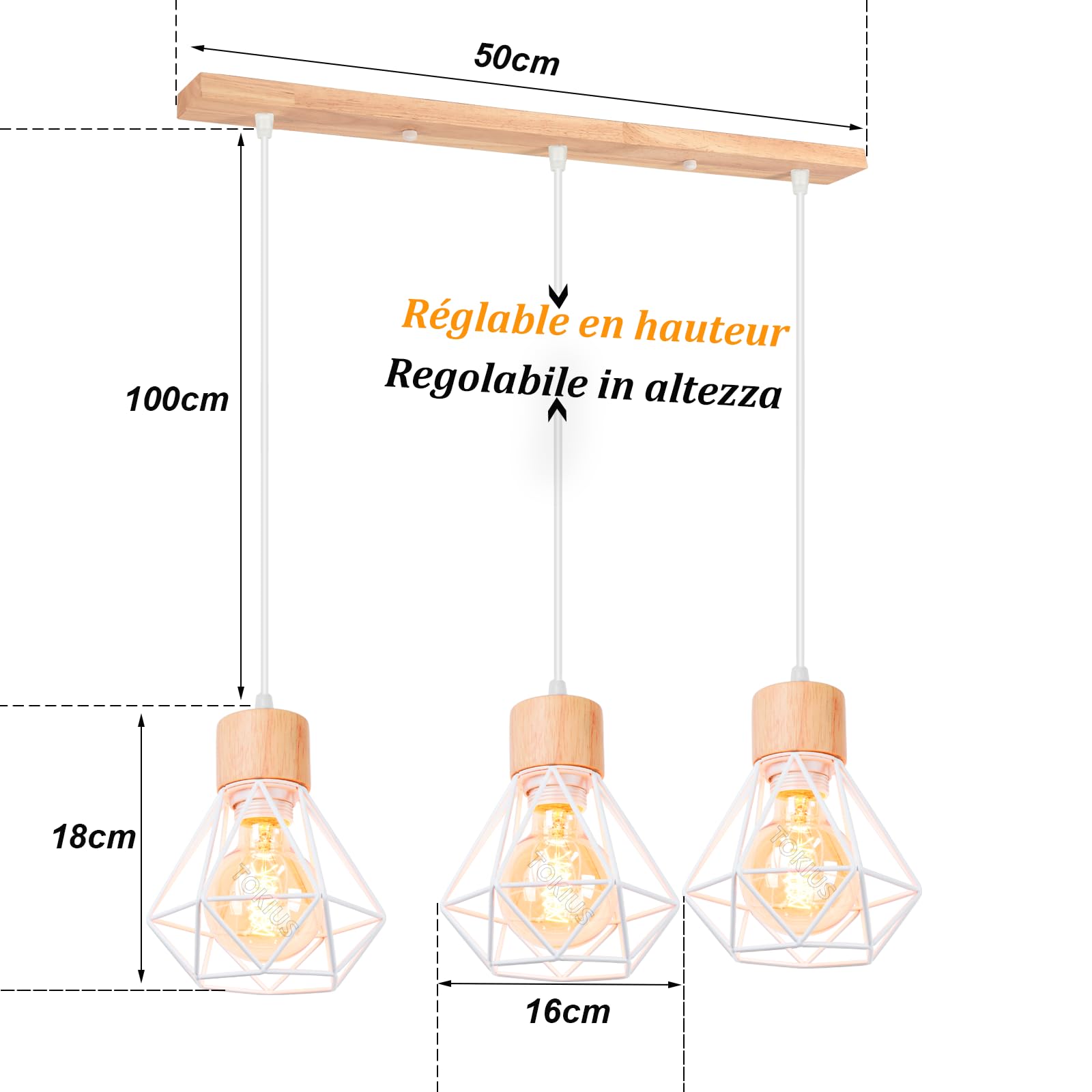3 Lampade a Sospensione Apparecchio di Illuminazione Industriale E27 Plafoniera Vintage Lampadario Paralume in Metallo e Legno Ø160mm Retrò Per Soggiorno Cucina Camera da Letto (barra 50cm di