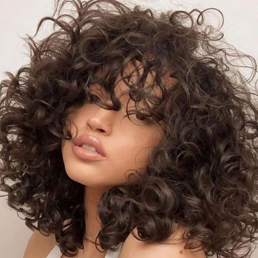 Felek Short Loose Curly Wigs with Bangs for Women Big Bouncy Curl Wigs Synthetic Heat Resistant Soft Afro Gluless Wig Natural Cute Wig for Women (14