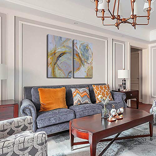 Arjun Abstract Wall Art Grey Canvas Circles Yellow Painting Modern Geometric Vertical Gold Foil Handmade Pictures Framed Large For Living Room Bedroom Home Office Wall Décor, 24"X36"X2 Panels #TOP5