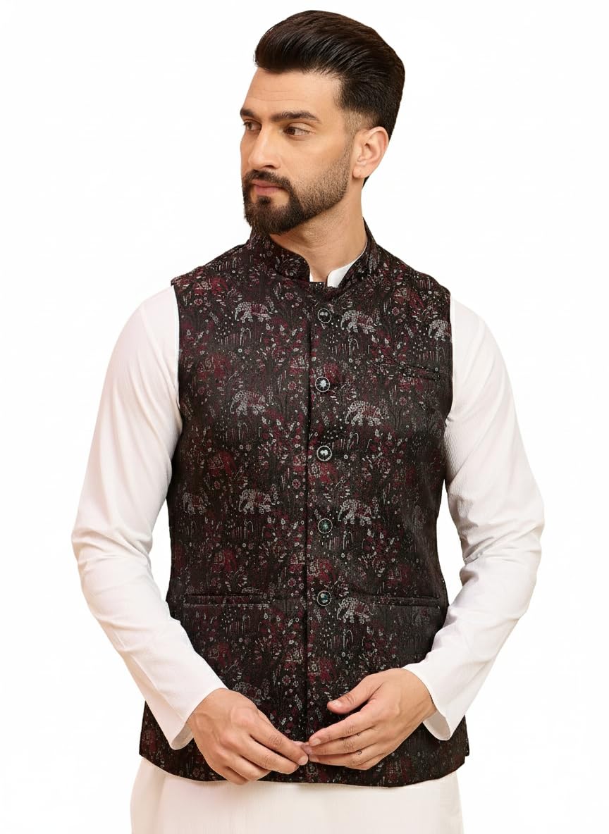 Men Pigment red jacquard nehru jacket (HOPMJ0311_M)-image-37