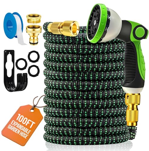 MOSII Manguera de jardín expandible, flexible y resistente, extensible con boquilla de pulverización de 10 patrones, accesorios de latón, mangueras para lavado de coches de jardín (verde, 30 m)