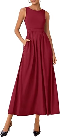 Lazysmile Womens Summer Sleeveless Formal Maxi Dresses | Crew Neck, Pleated A Line, Cocktail Wedding Guest Dress, with Pockets, Modest Spring Outfits