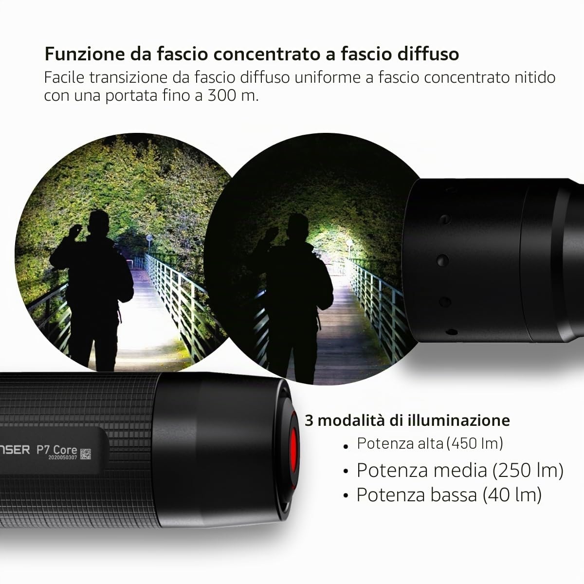 Ledlenser P7 Core Torcia, 450lm, Batterie AAA, Autonomia 25h | Portata 300m, messa a fuoco regolabile, 175g, cinturino da polso, IP54, ideale per escursioni e campeggio | 2020