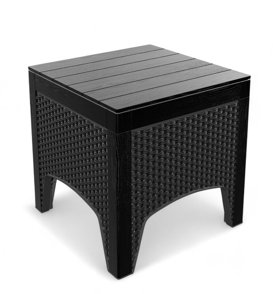 URBN GARDEN Table basse carrée en rotin noir avec dessus aspect bois, parfaite pour un bistrot extérieur, un jardin et un balcon, apportant style et...