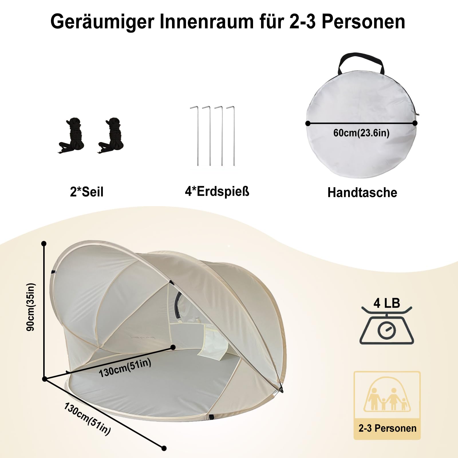 Beach Shelter Pop Up Beach Tent UV Protection Throw Tent Weather Light Beach Tent for Garden Beach,Beige