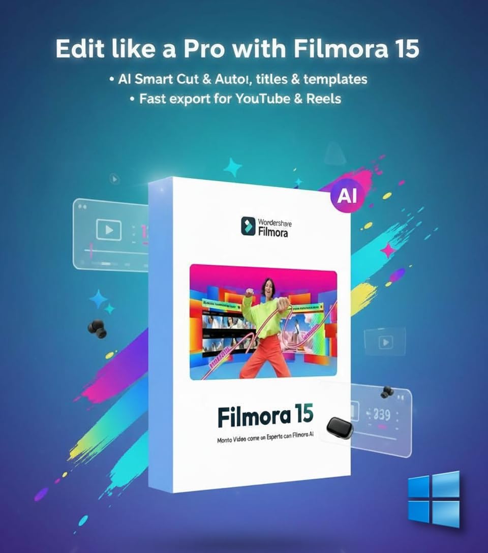 Wondershare Filmora 15 (AI Powered Video Editor) | Windows OS, Activation Voucher w/ 1 Year 1 PC Subscription | 1000 Filmora AI Credits, No CD/DVD |