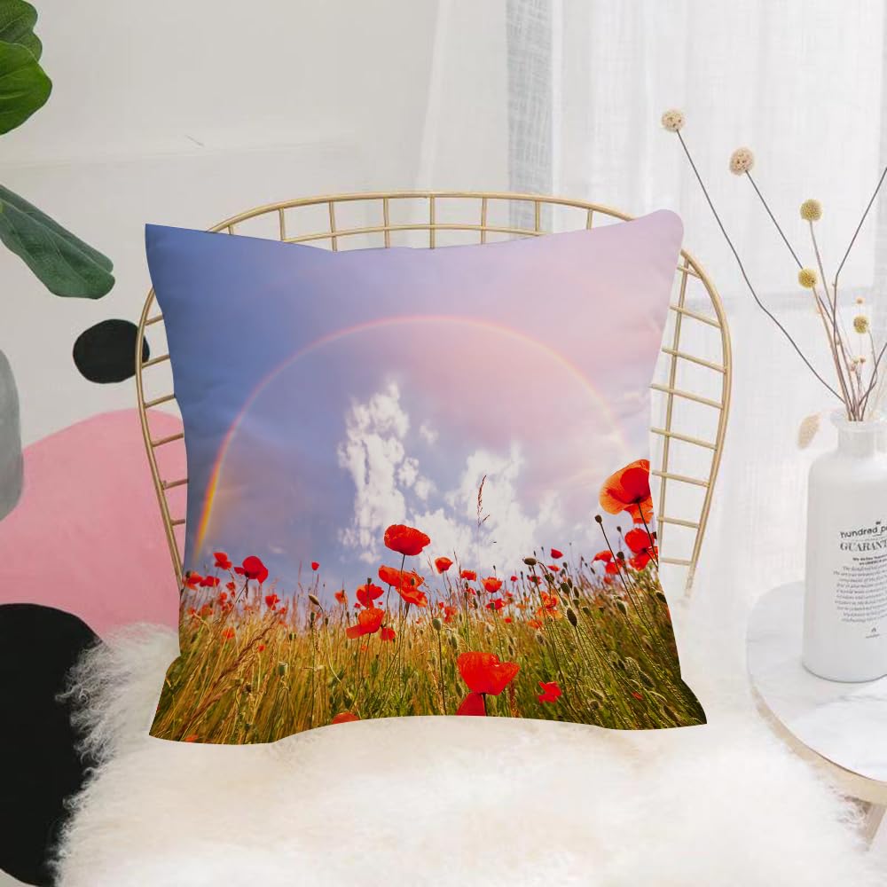 HYOSXW Cushion Cover,Throw Pillow Case Home Decorative for Living Room Bedroom Sofa Chair 16X16 Inch,Poppy, ow with Poppies and Rainbow Reflection in the Air Magic Sky Happiness,Pillowcase 40X40cm
