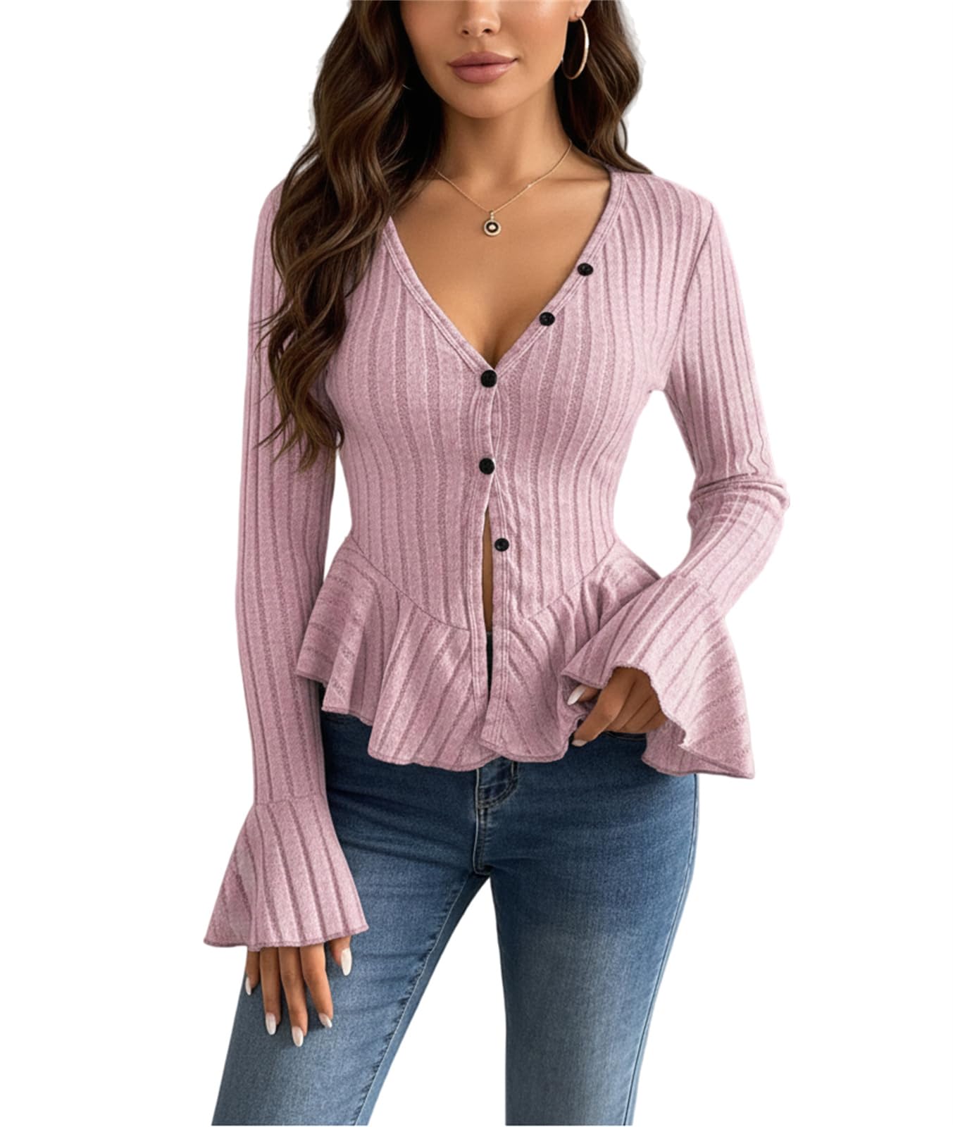 Womens Bell Sleeve Peplum Sweaters Fashion Fall V Neck Button Down Elegant Ruffle Hem Sexy Slim Knit Tops