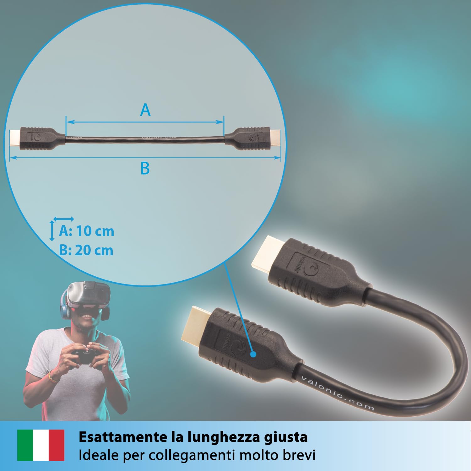 valonic cavo hdmi corto, 20 cm - HDR, ARC, High Speed 4k Ultra HD - per TV, PC, PS5, Monitor - maschio maschio, nero, 0,2m