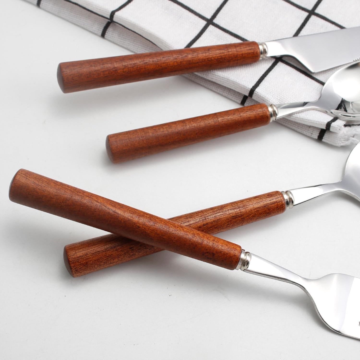 Wooden Handle Stainless Steel Flatware Set, Metal Forks for Home Kitchen Restaurant Hotel, Polish Forks Silverware With Brown Handle, 7.7 Inch 4 Pcs