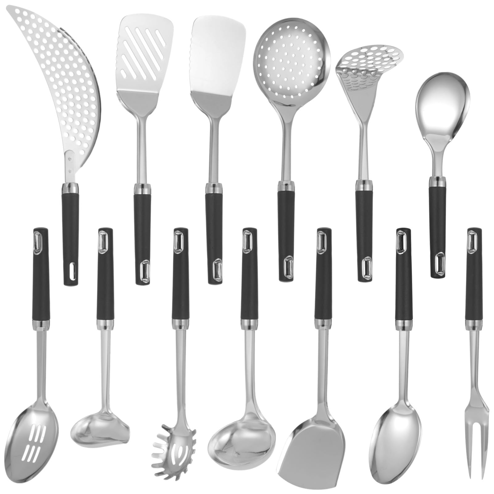 13-teiliges Kochutensilien-Set aus Edelstahl, hitzebeständige Griffe, spiegelpoliert, spülmaschinengeeignet, mit Schlitzspatel, Kelle, Schaumlöffel, Löffel und Gabel für die Küche