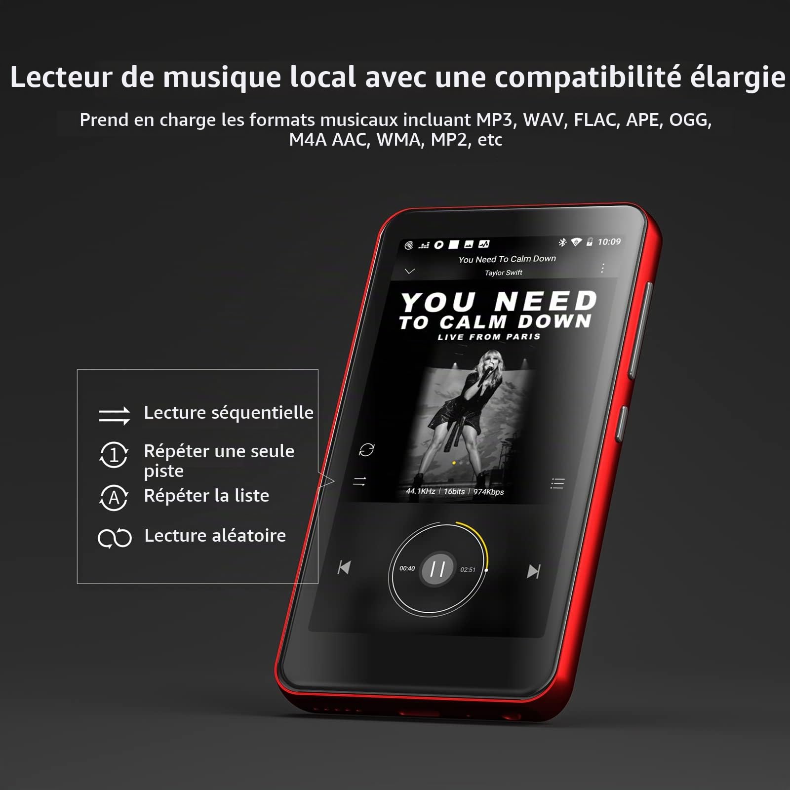 80Go Lecteur MP3 avec Bluetooth et Wi-FI, écran Tactile Complet de 10.2 cm, Lecteur MP4 MP3 avec Spotify, Son HiFi Portable, Lecteur Audio numérique avec Haut-Parleur（Rouge Noir