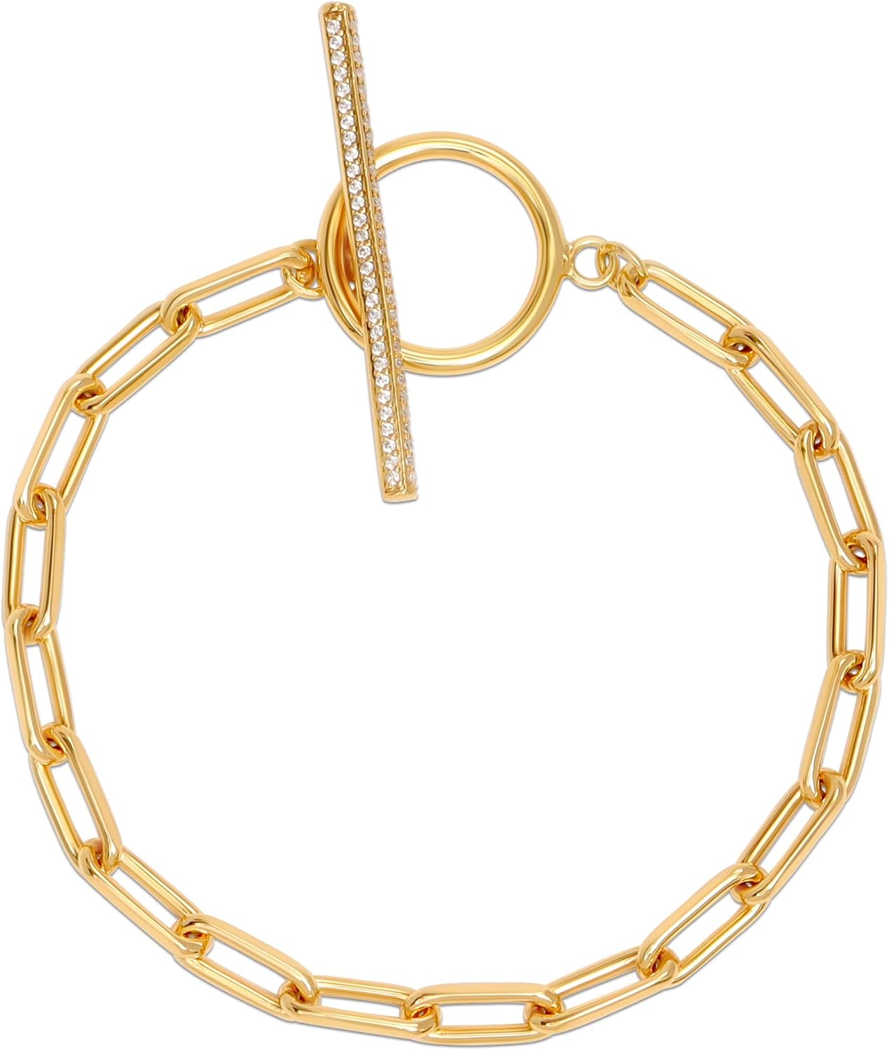 LeCalla 925 Sterling Silver T-Bar Bracelet | 14K Gold-Plated Italian Links Paperclip Chain Bracelet | Zirconia Toggle Bar Clasp for Women 7.5 Inches