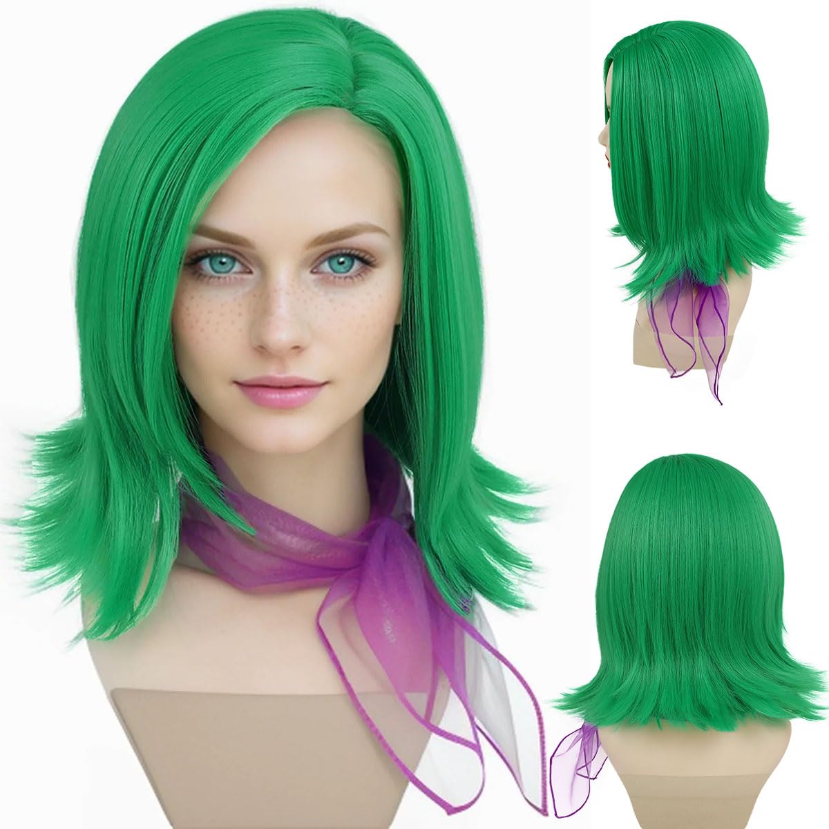 GNIMEGIL 16 Inches Disgust Wigs With Scarf Green Cosplay Wig Short Hair Dress Up Anime Cartoon Carnival Party Wigs For Halloween Costume For Women