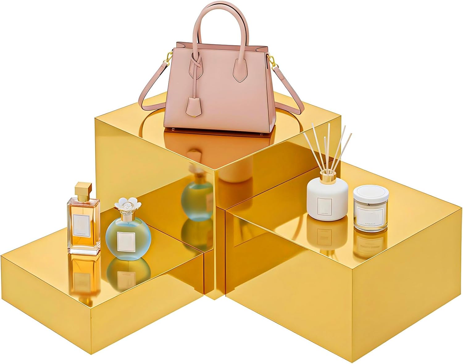 3Pcs Acrylic Display Risers Gold Risers Display Stands Acrylic Cube Boxes Food Displays Buffet Riser for Perfume Collection Jewelry Party Centerpieces(3 Sizes)