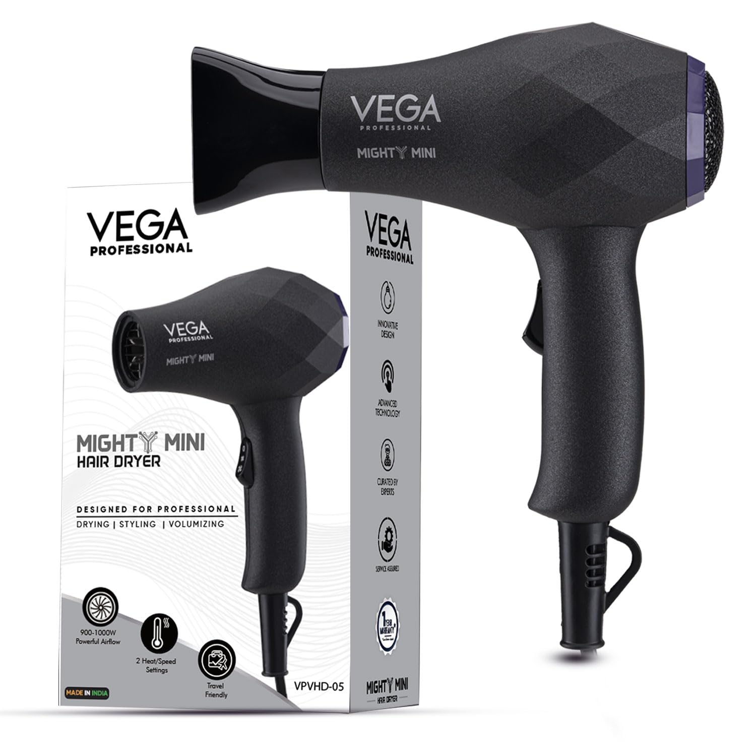 Mighty Mini 1000W Hair Dryer for Men & Women with 2 Heat/Speed Settings and Tourmaline Technology, Black (VPVHD-05)