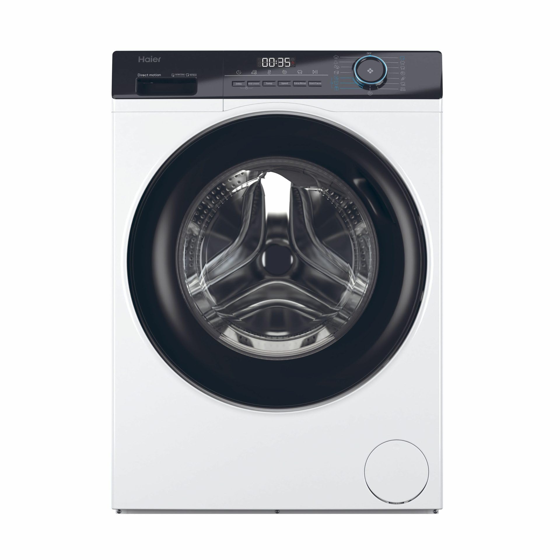 Haier I-Pro Series 3 HW70-B12929 washing machine with its door open, showing the stainless steel drum.