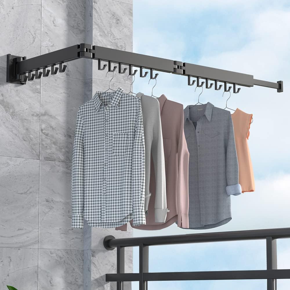 BHeadCatClothes Laundry Drying Rack Wall Mounted, Retractable Garment Hanger with Hooks, Easy to Install, Strong Load-Bearing, Tri-Collapsible Clothes Dry Rack for Balcony, Bathroom, Bedroom