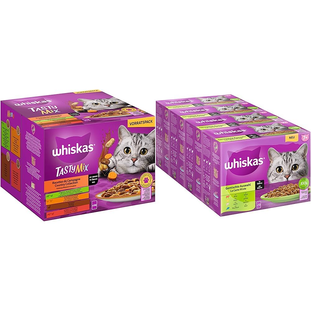Whiskas 1+ Katzenfutter Tasty Mix Country Collection in Sauce & Senior 7+ Katzennassfutter Gemischte Auswahl in Sauce
