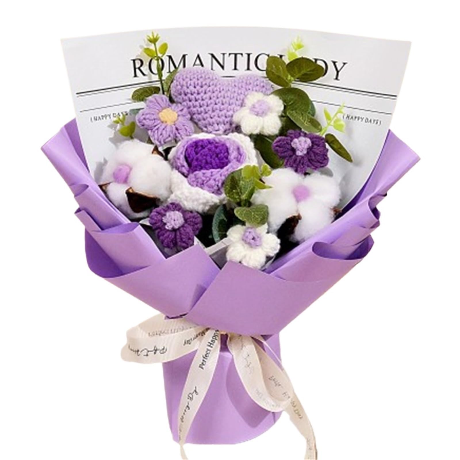 ENWWCH Handmade Crochet Pink & Purple Rose Bouquet, Knitted Artificial Flowers For Home(Pink)