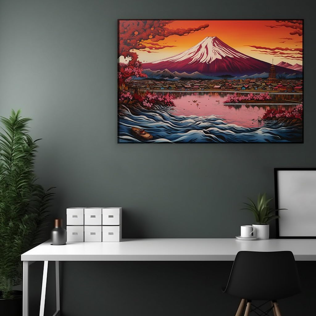 Canvas for Living room. Whispers of Sakura: Embracing Warmth at the Peak of Mount Fuji, 27 x 18 inch Canvas Wall Art - Contemporary Masterpieces - Modern Home Decor - 69x46 cm (27x18 inch)