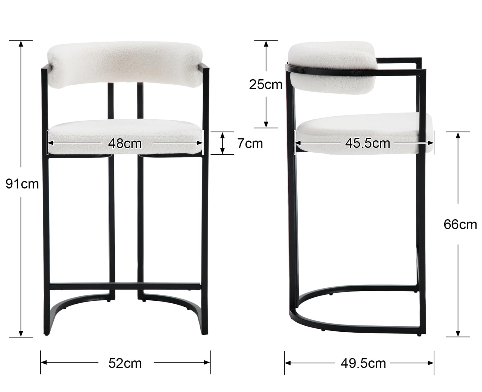 chairus 2PCS Taburetes de Bar de Lana Sintética con Marco de Metal, Blanco | Taburetes Bistró, Respaldo Curvado, Sillas Altas, Marco de Metal