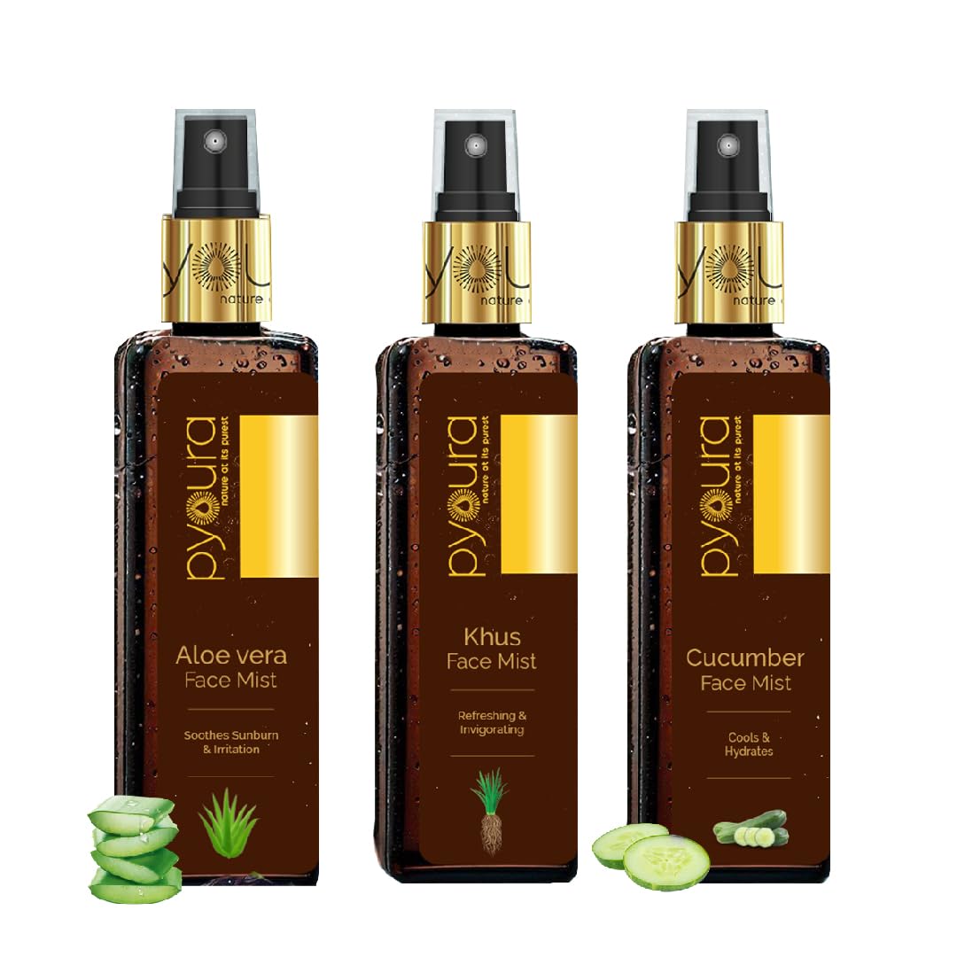 pyoura Aloe Vera, Khus, Cucumber Face Toner for glowing skin combo - 100ml each (pack of 3), natural face toner, alcohol free, hydrating serum, for all skin types