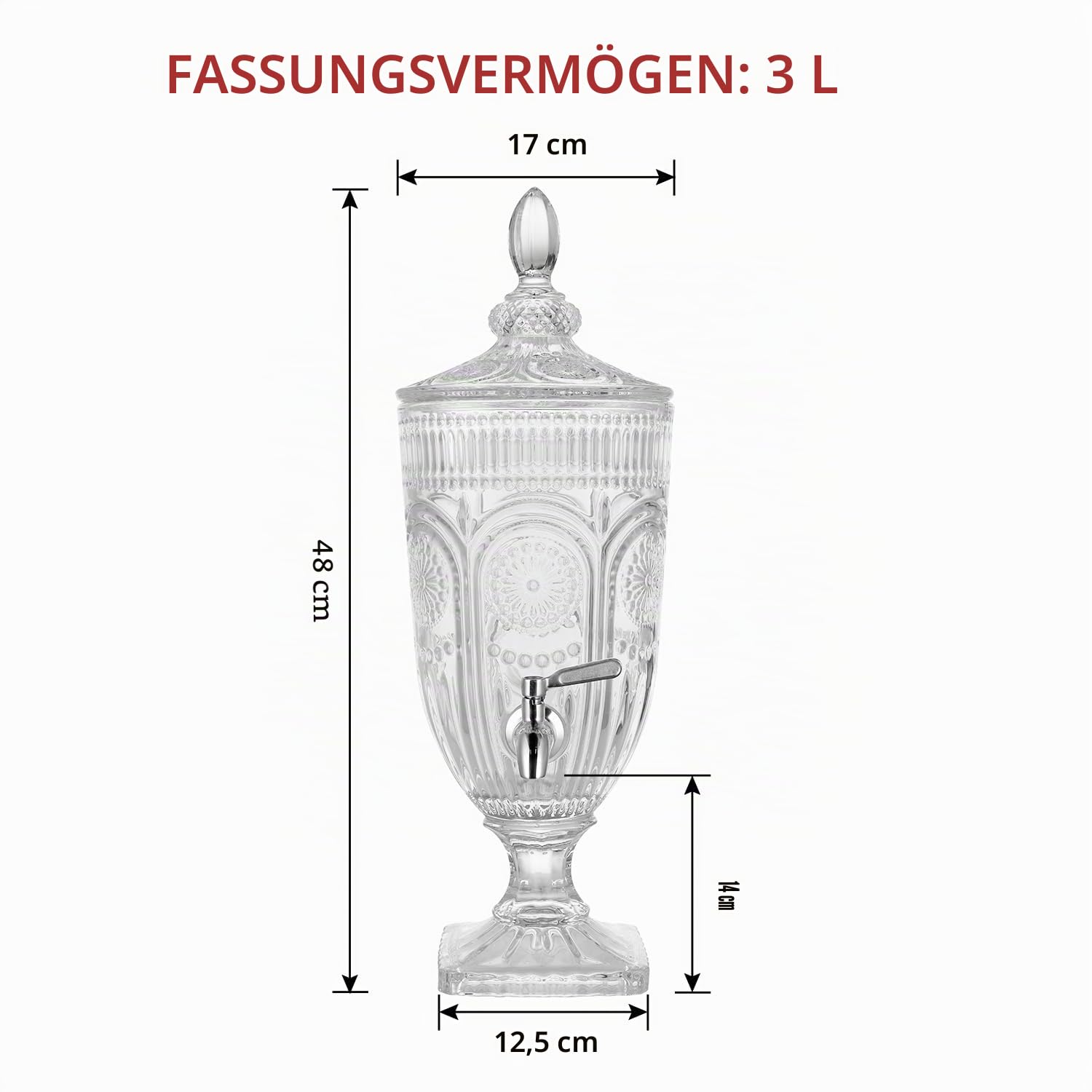 3L Glas Getränkespender Geprägt Getränkespender mit 304 Edelstahl Wasserhahn Cocktail Dispesner Glas für Party, Hochzeit, Catering, Buffet, Bar