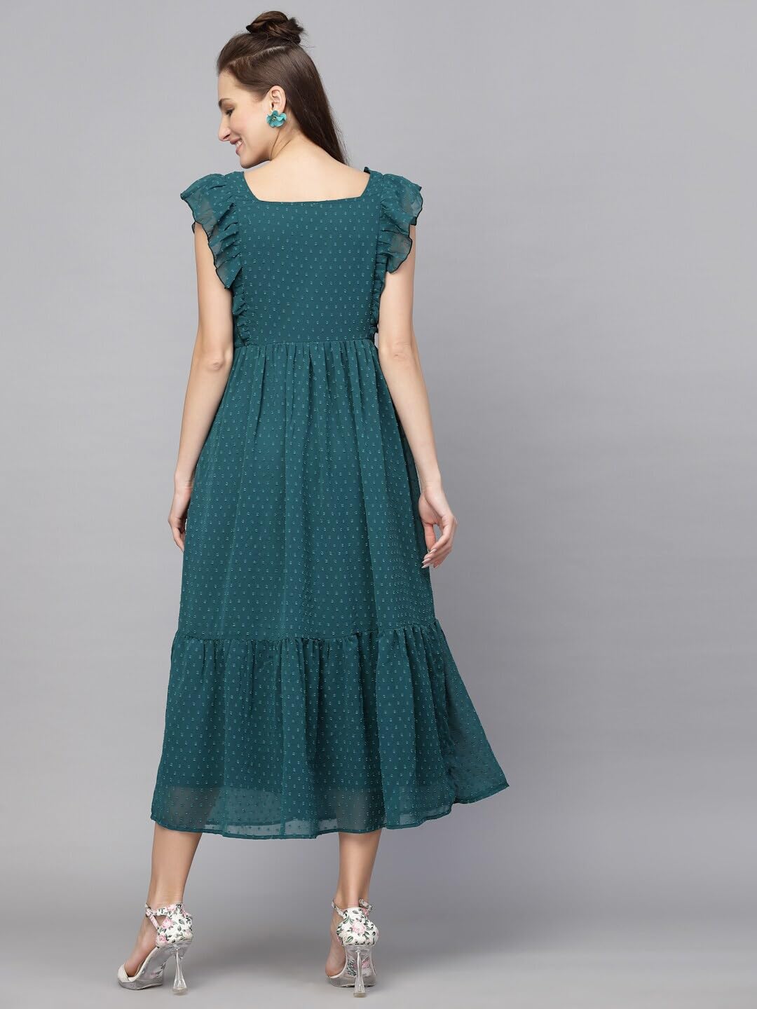 Avanova Georgette Jacquard Butti Rama Green Square Neck Knee Length Western Dresses For Women (Dress 89 Rama S)