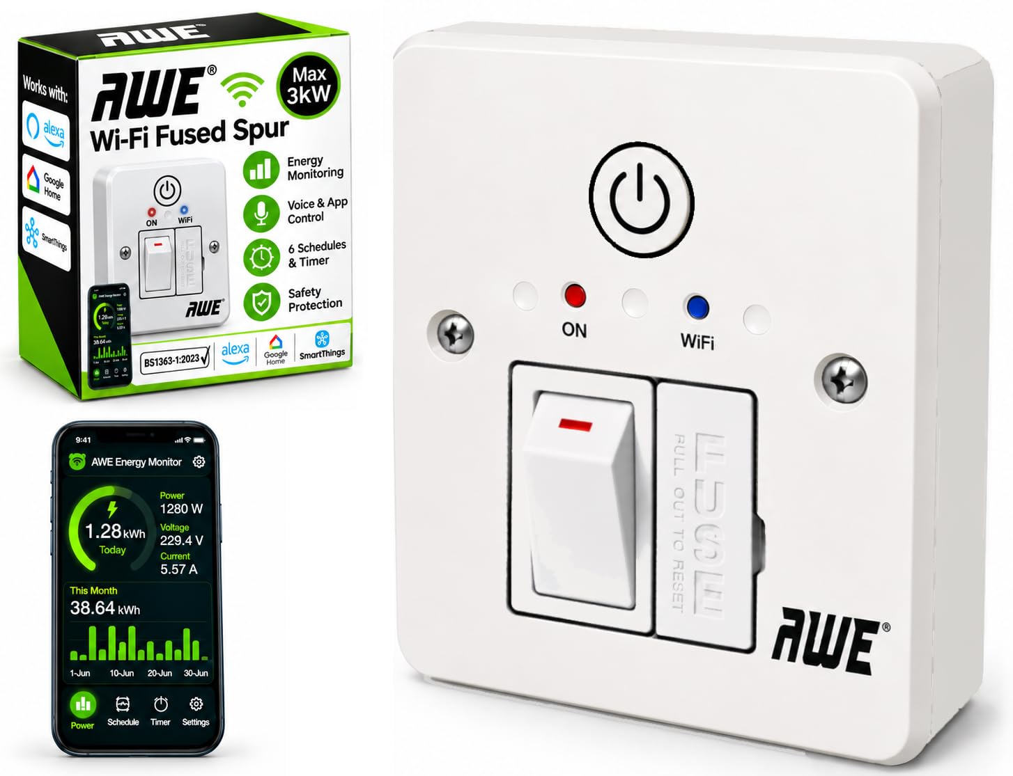 Awe Smart Wifi Fused 13A Timer Spur, 5yr Warranty, Save On Electricity | Electric Heating, Immersers, Aga's, Towel Rails & Lighting, 5yr Warranty, Alexa & Google Voice Control