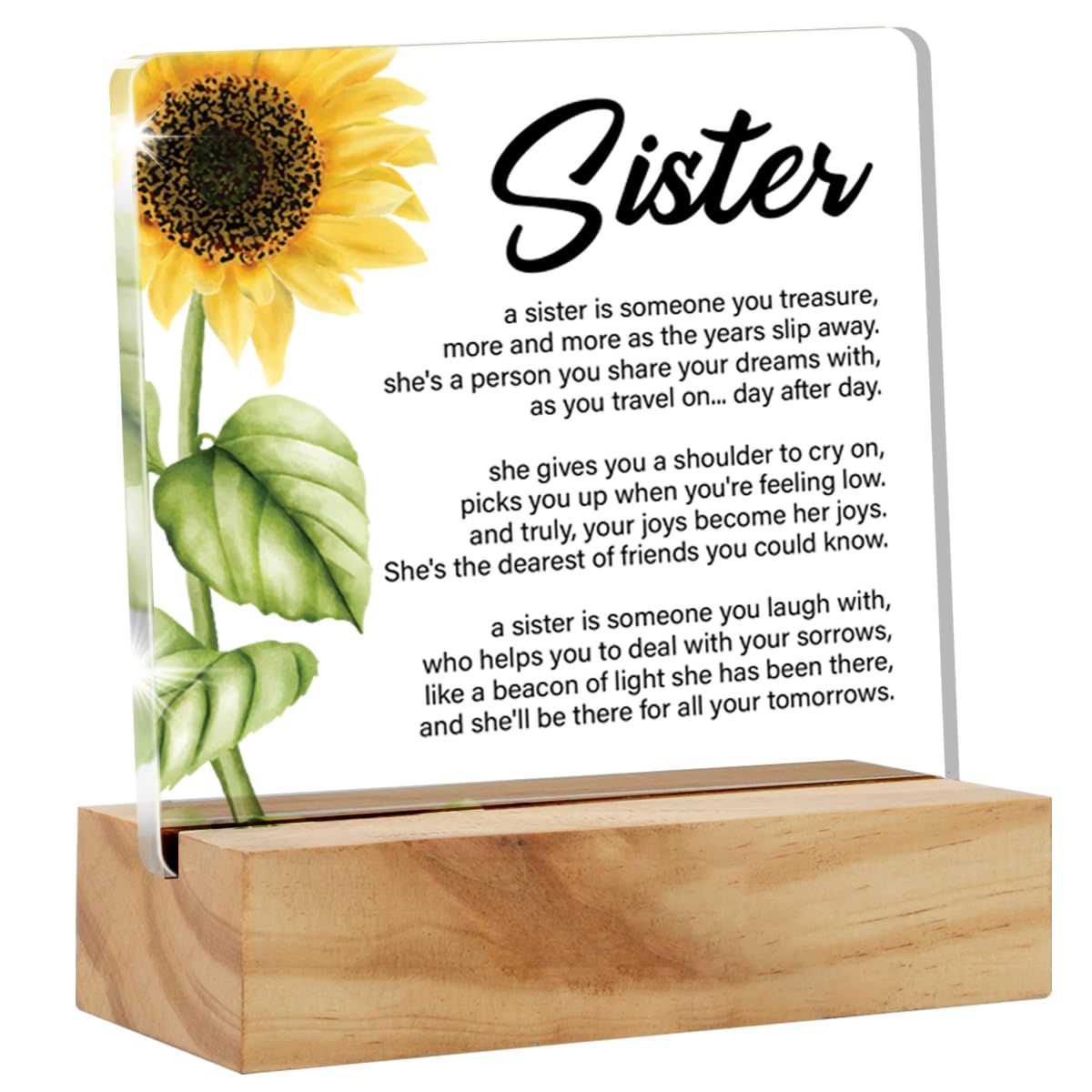 Sister Gifts for Women, Sister Quote Clear Acrylic Sign with Wood Stand Table Sign Sunflower Decoration Sisters Presents