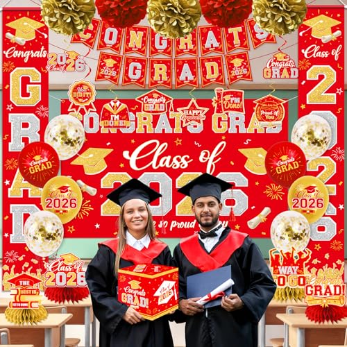 Image of Graduation Decorations Class of 2026 Red and Gold Graduation Decorations with Congrats Grad Banner,Backdrop,Porch Sign,Balloons,Hanging Swirls,Honeycomb Centerpieces,Box for Graduation Party Supplies